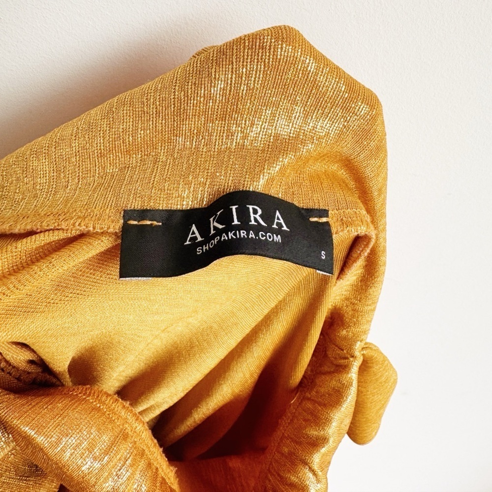 AKIRA Metallic Gold Strapless Midi Dress | Ruched Fringe Bodycon Size Small - Picture 7 of 7